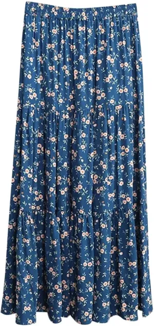 Oplxuo Women's Maxi Skirts Elastic High Waist Tiered Pleated Floral Printed A-Line Flowy Boho Long Skirts