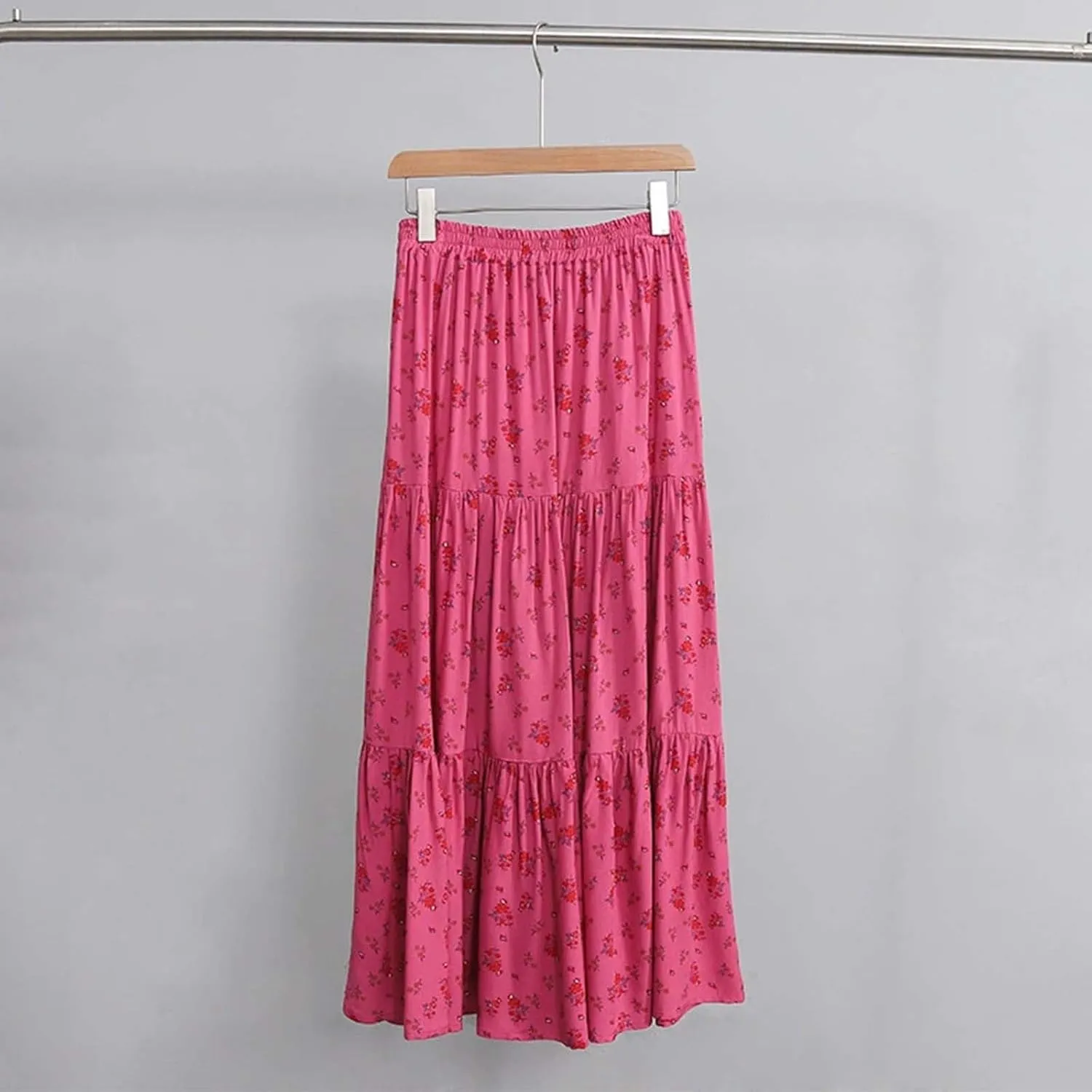Oplxuo Women's Maxi Skirts Elastic High Waist Tiered Pleated Floral Printed A-Line Flowy Boho Long Skirts