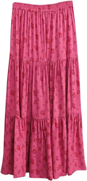 Oplxuo Women's Maxi Skirts Elastic High Waist Tiered Pleated Floral Printed A-Line Flowy Boho Long Skirts