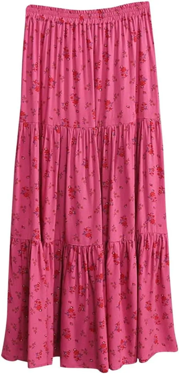 Oplxuo Women's Maxi Skirts Elastic High Waist Tiered Pleated Floral Printed A-Line Flowy Boho Long Skirts