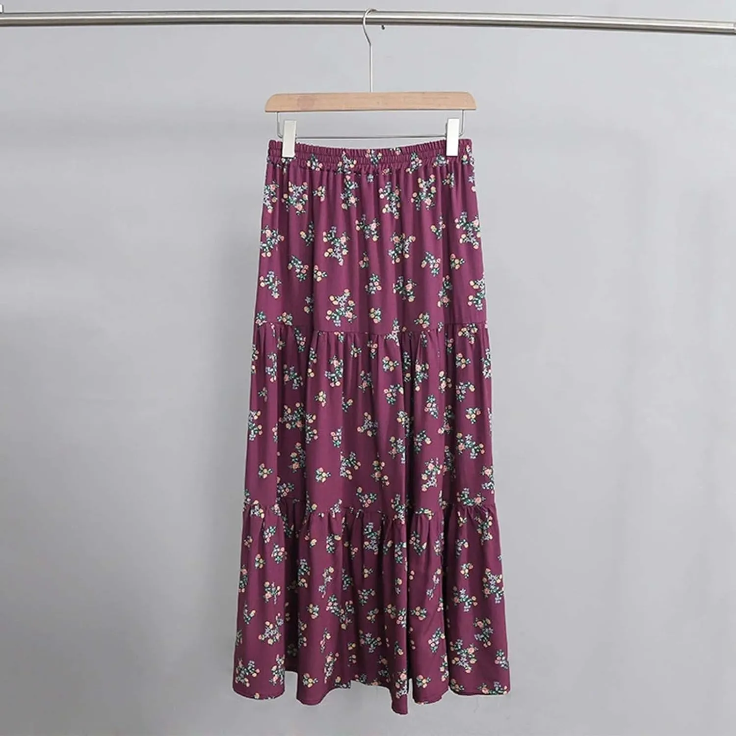Oplxuo Women's Maxi Skirts Elastic High Waist Tiered Pleated Floral Printed A-Line Flowy Boho Long Skirts
