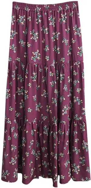 Oplxuo Women's Maxi Skirts Elastic High Waist Tiered Pleated Floral Printed A-Line Flowy Boho Long Skirts
