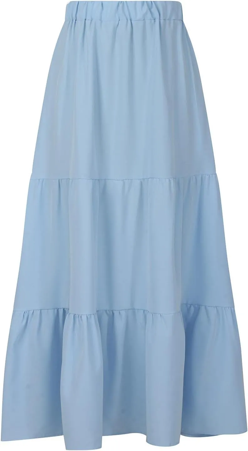 Oplxuo Women's Maxi Skirts Summer 2024 Casual Boho Elastic High Waist Ruffle Flowy Skirt Tiered Long Beach Skirt with Pockets