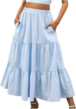 Oplxuo Women's Maxi Skirts Summer 2024 Casual Boho Elastic High Waist Ruffle Flowy Skirt Tiered Long Beach Skirt with Pockets