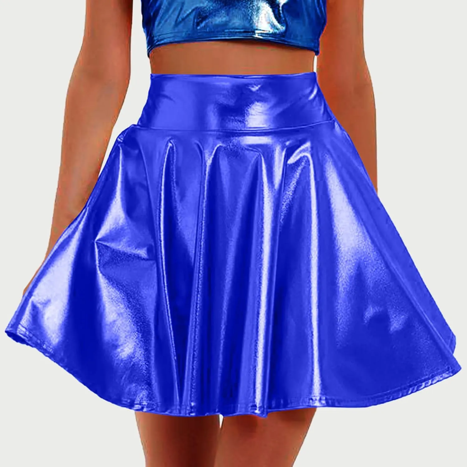 Oplxuo Womens Shiny Metallic Skirt Flared A-Line High Waist Short Mini Skirt Holographic Pleated Skirts for Women