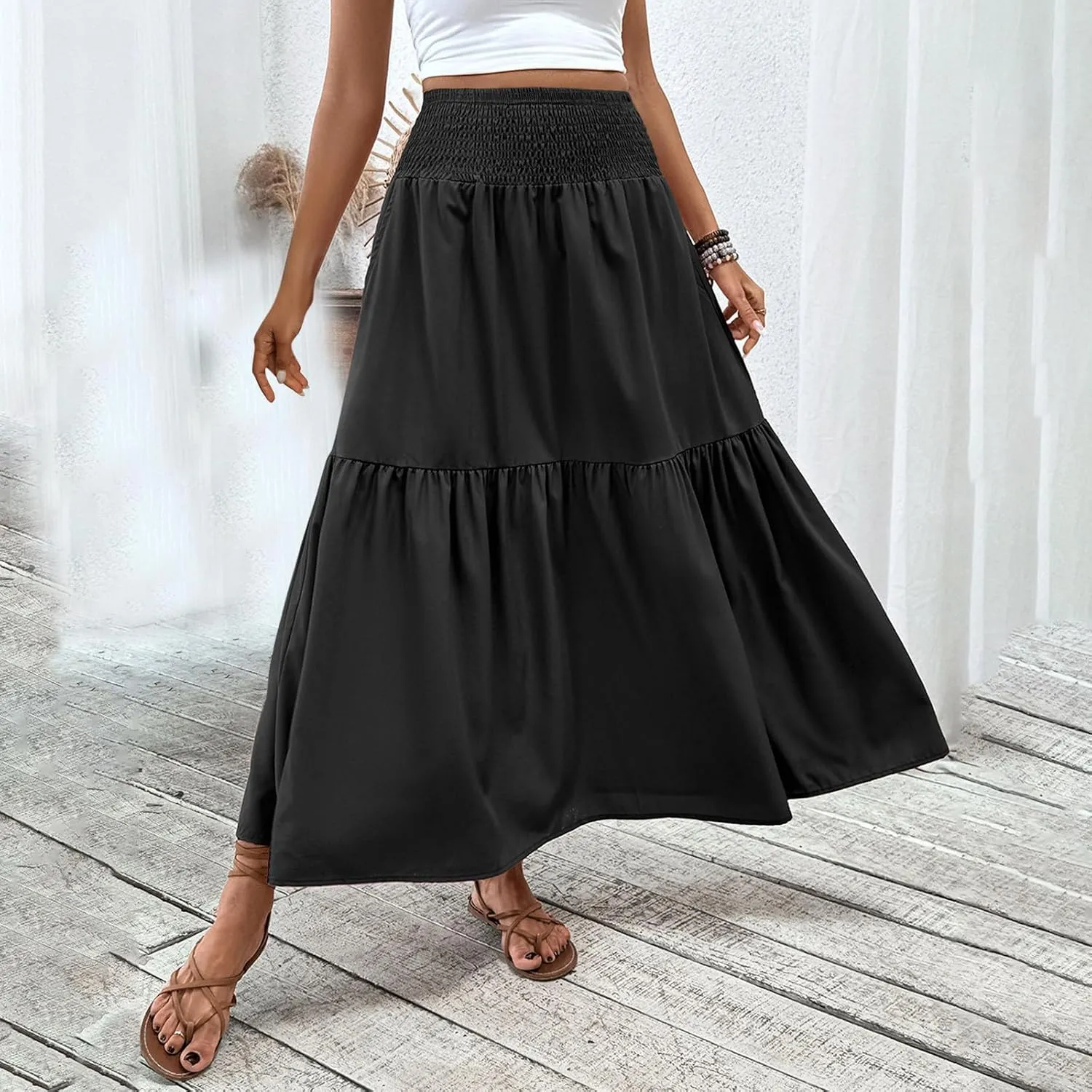 Oplxuo Women's Summer Boho Long Skirt A-Line Flowy Tiered Smocked Elastic High Waist Solid Color Beach Maxi Skirts