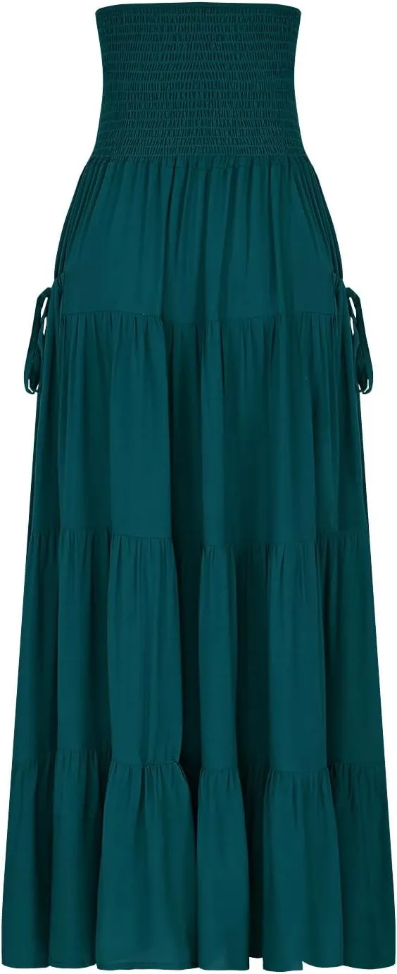 Oplxuo Women's Summer Boho Maxi Skirt A-Line Flowy Ruffle Tiered Smocked Elastic High Waist Beach Long Skirts with Pockets