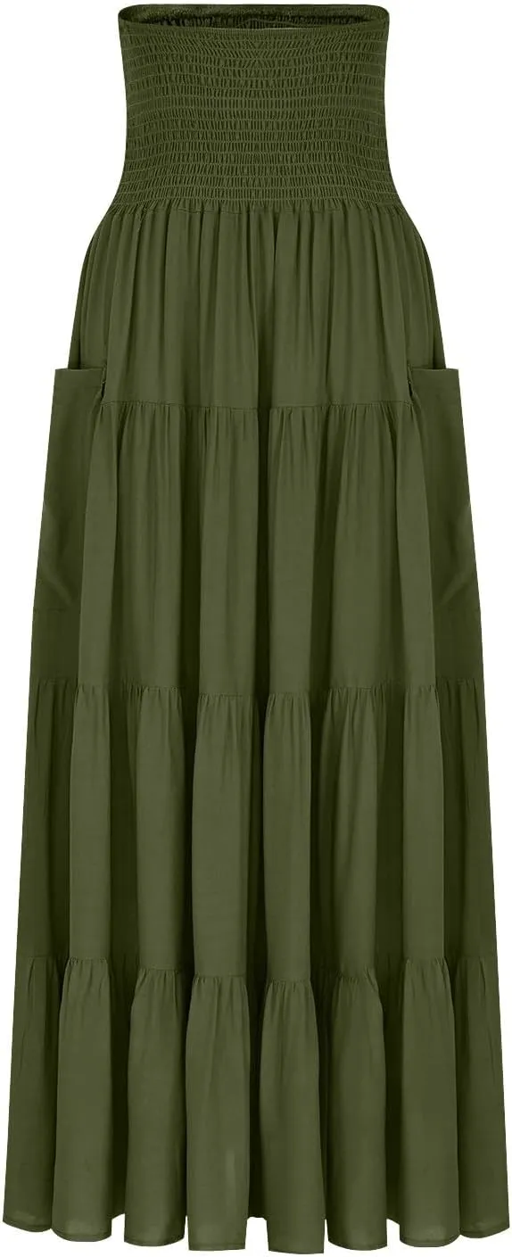 Oplxuo Women's Summer Boho Maxi Skirt A-Line Flowy Ruffle Tiered Smocked Elastic High Waist Beach Long Skirts with Pockets