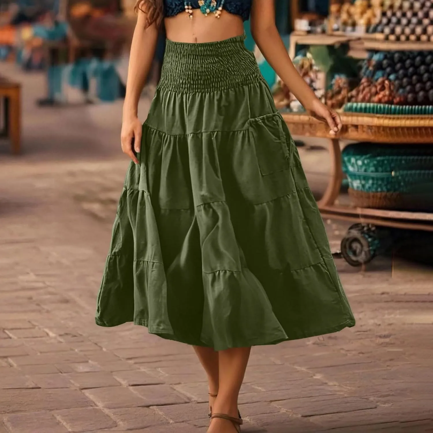 Oplxuo Women's Summer Boho Maxi Skirt A-Line Flowy Ruffle Tiered Smocked Elastic High Waist Beach Long Skirts with Pockets