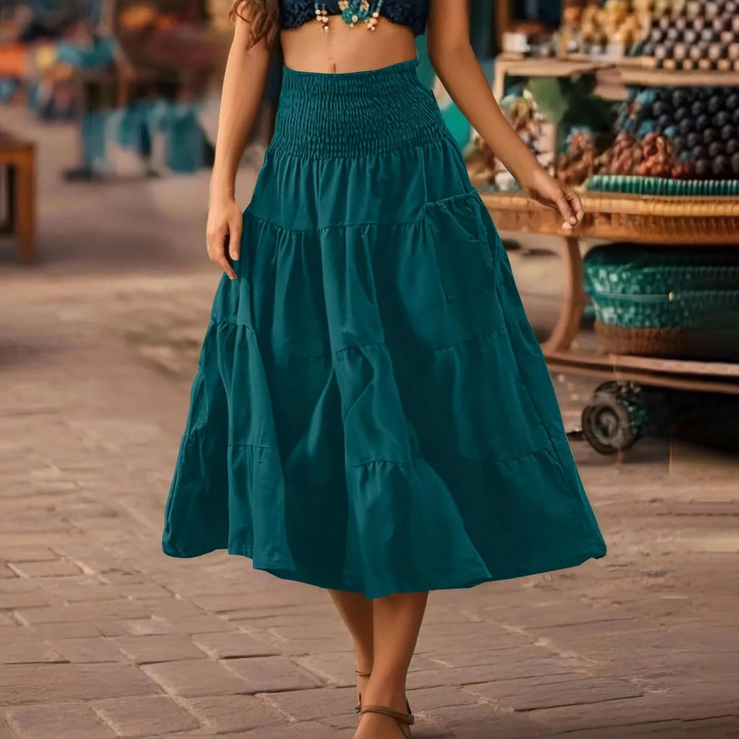 Oplxuo Women's Summer Boho Maxi Skirt A-Line Flowy Ruffle Tiered Smocked Elastic High Waist Beach Long Skirts with Pockets