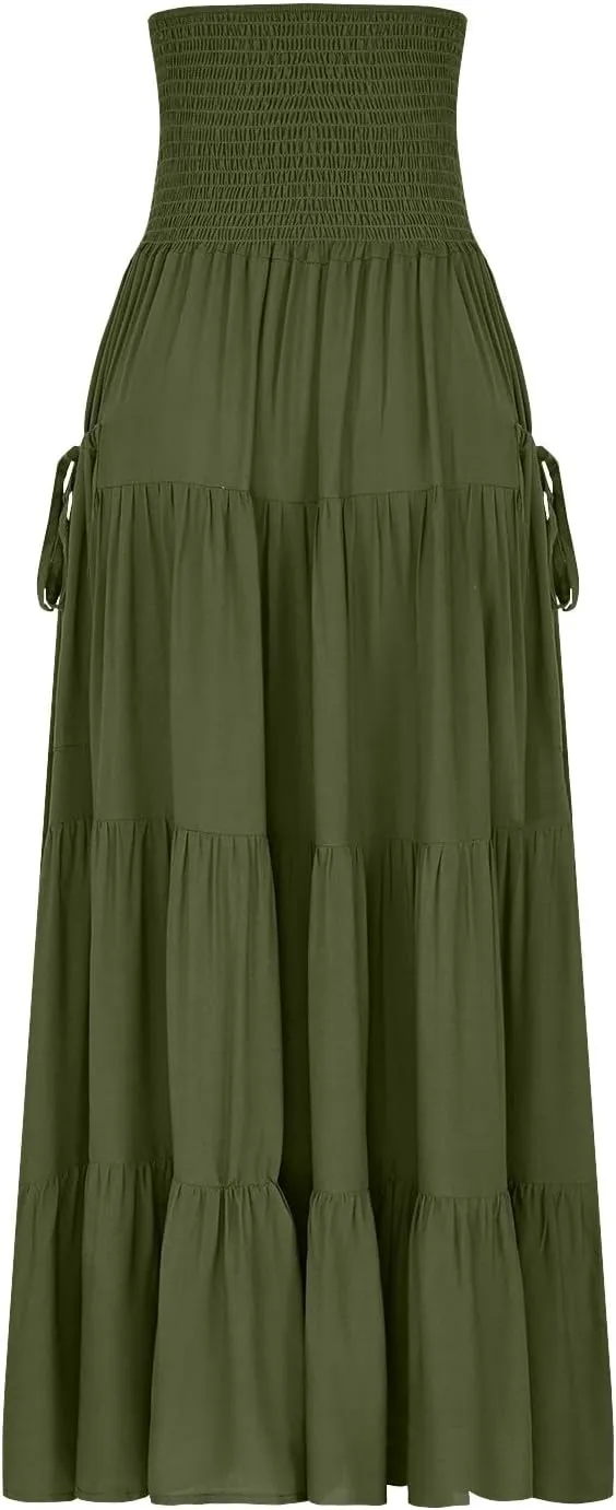 Oplxuo Women's Summer Boho Maxi Skirt A-Line Flowy Ruffle Tiered Smocked Elastic High Waist Beach Long Skirts with Pockets