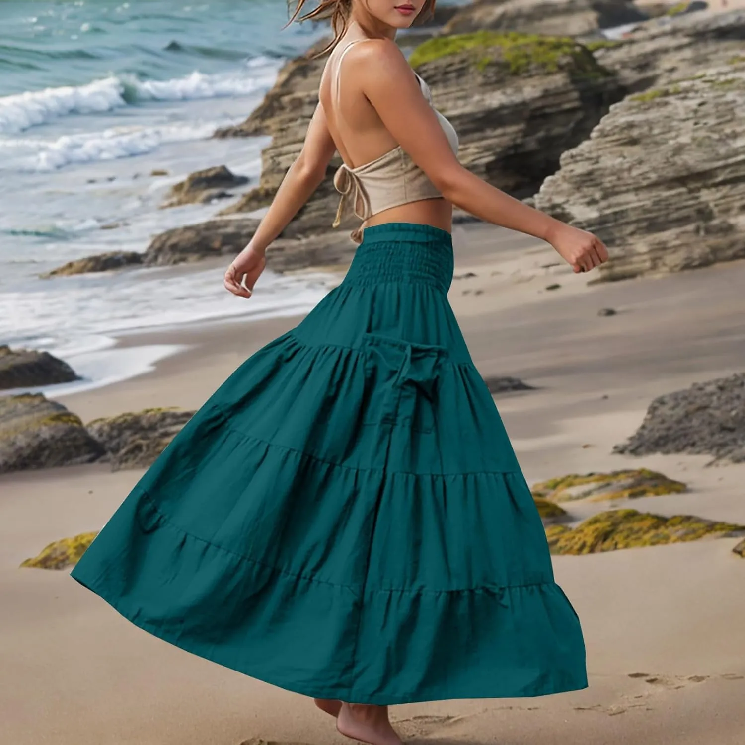 Oplxuo Women's Summer Boho Maxi Skirt A-Line Flowy Ruffle Tiered Smocked Elastic High Waist Beach Long Skirts with Pockets