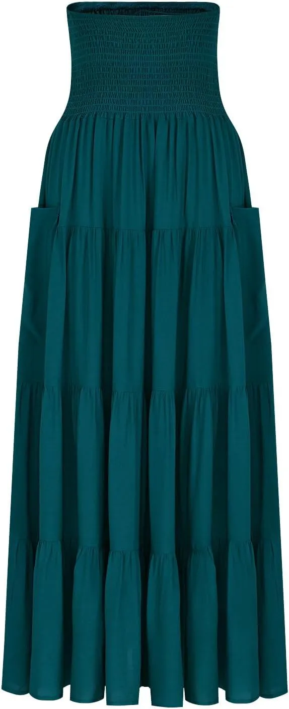 Oplxuo Women's Summer Boho Maxi Skirt A-Line Flowy Ruffle Tiered Smocked Elastic High Waist Beach Long Skirts with Pockets
