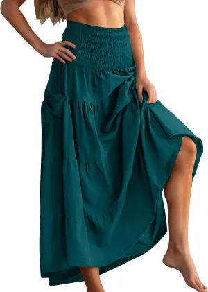 Oplxuo Women's Summer Boho Maxi Skirt A-Line Flowy Ruffle Tiered Smocked Elastic High Waist Beach Long Skirts with Pockets
