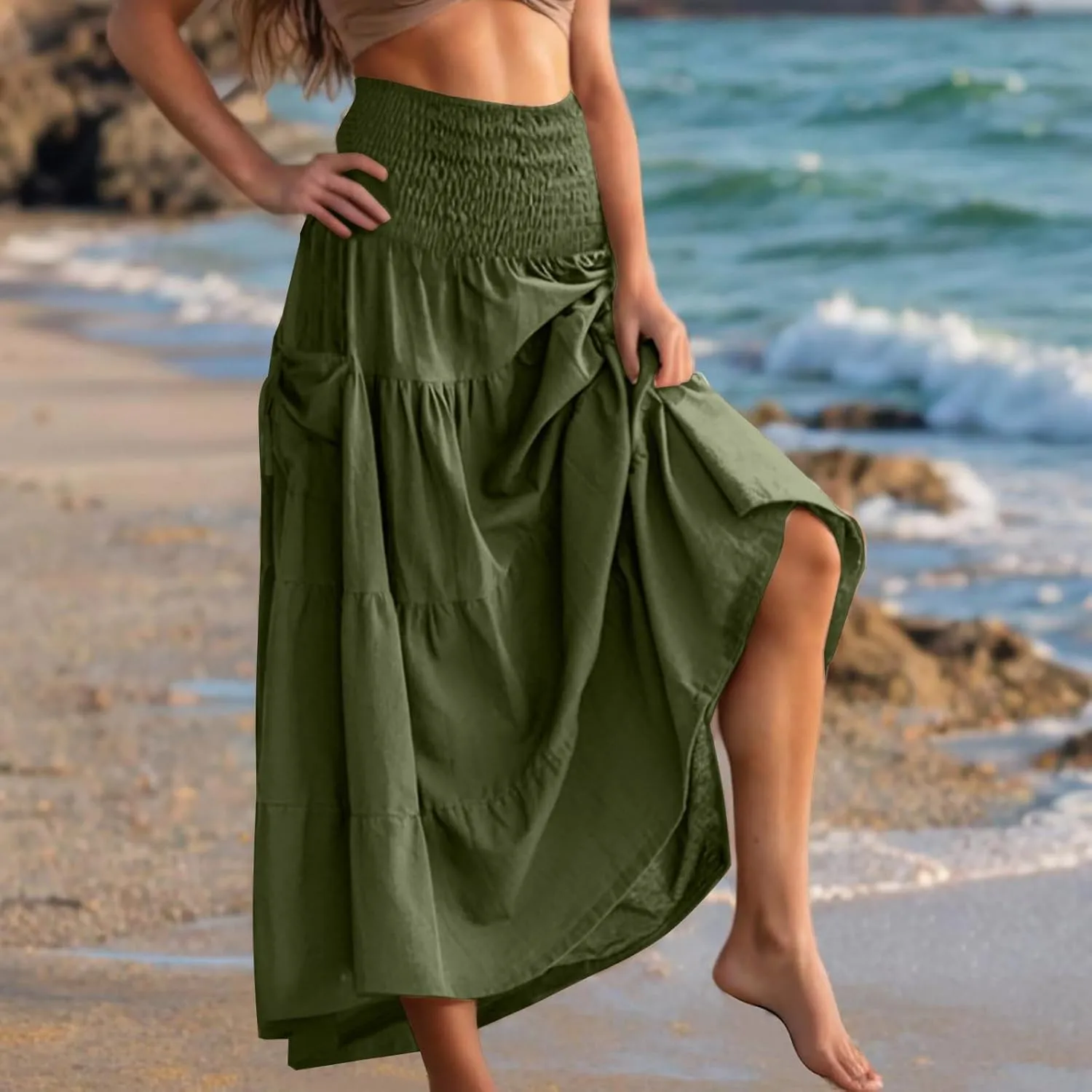Oplxuo Women's Summer Boho Maxi Skirt A-Line Flowy Ruffle Tiered Smocked Elastic High Waist Beach Long Skirts with Pockets