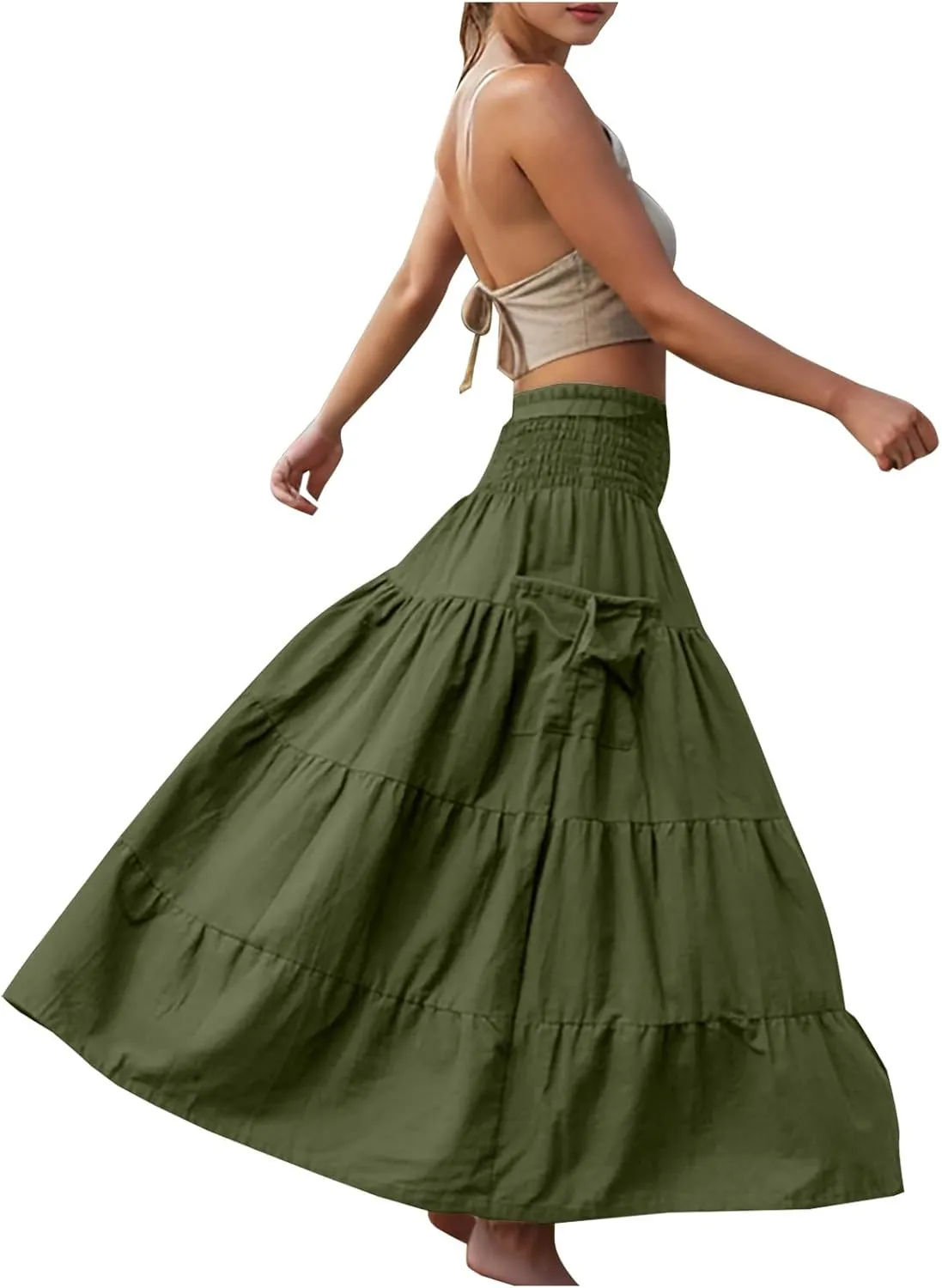 Oplxuo Women's Summer Boho Maxi Skirt A-Line Flowy Ruffle Tiered Smocked Elastic High Waist Beach Long Skirts with Pockets