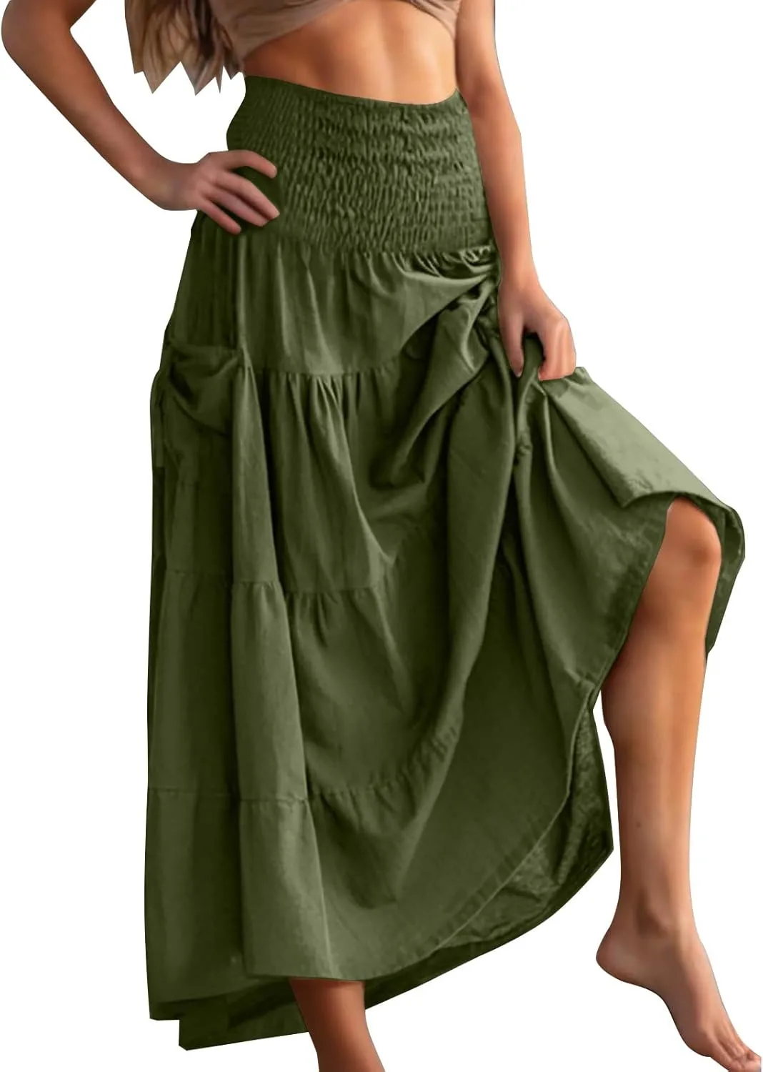 Oplxuo Women's Summer Boho Maxi Skirt A-Line Flowy Ruffle Tiered Smocked Elastic High Waist Beach Long Skirts with Pockets