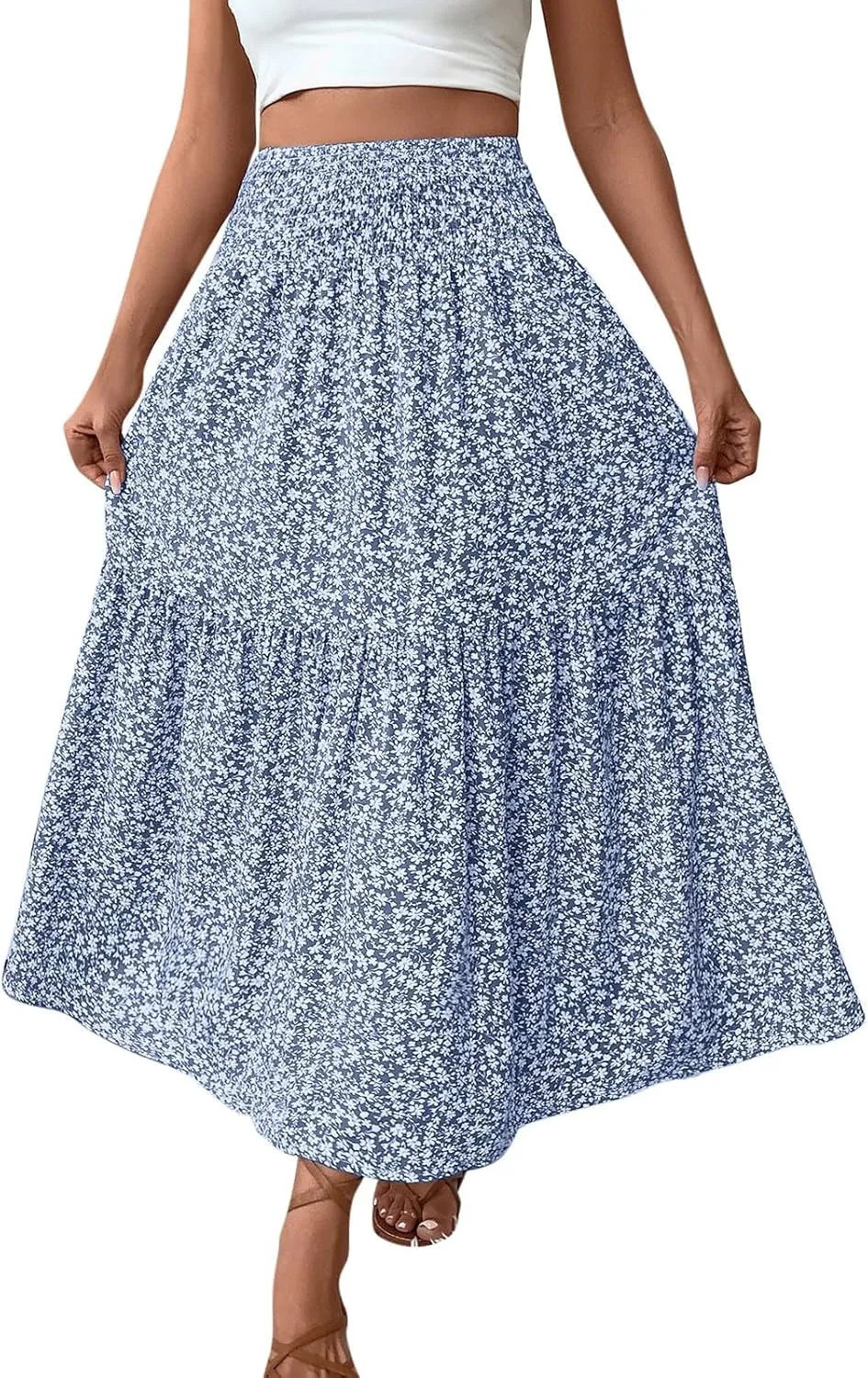 Oplxuo Women's Summer Boho Maxi Skirt Floral Print A-Line Flowy Tiered Smocked Elastic High Waist Beach Long Skirts