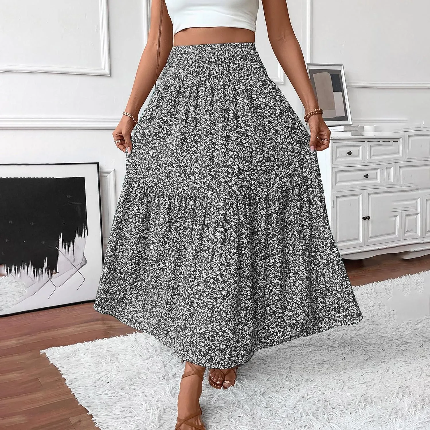 Oplxuo Women's Summer Boho Maxi Skirt Floral Print A-Line Flowy Tiered Smocked Elastic High Waist Beach Long Skirts