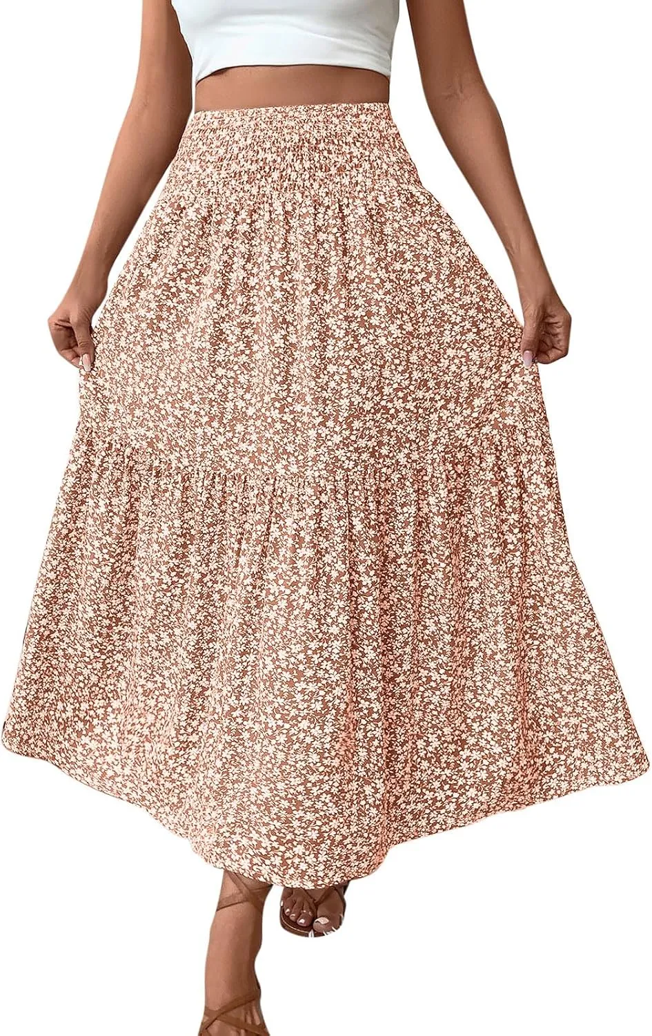 Oplxuo Women's Summer Boho Maxi Skirt Floral Print A-Line Flowy Tiered Smocked Elastic High Waist Beach Long Skirts