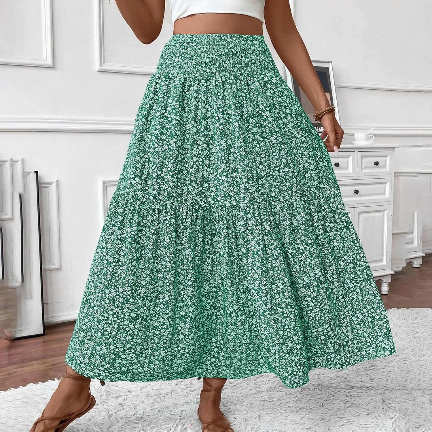Oplxuo Women's Summer Boho Maxi Skirt Floral Print A-Line Flowy Tiered Smocked Elastic High Waist Beach Long Skirts