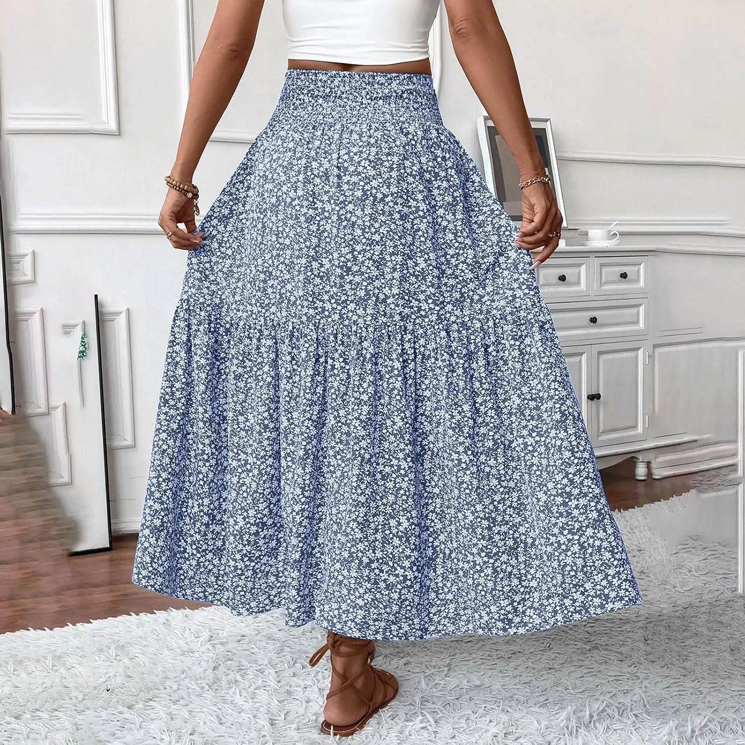 Oplxuo Women's Summer Boho Maxi Skirt Floral Print A-Line Flowy Tiered Smocked Elastic High Waist Beach Long Skirts
