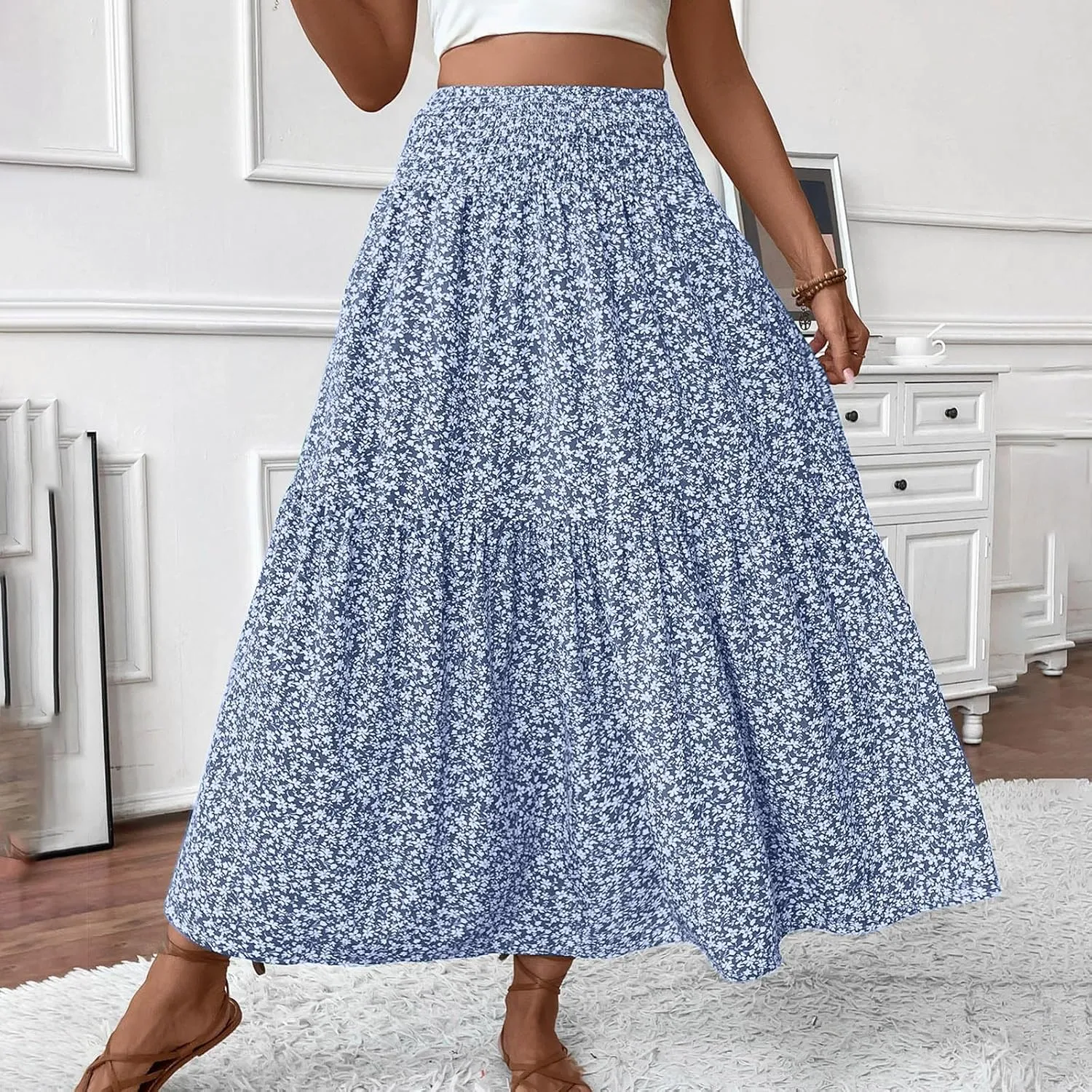 Oplxuo Women's Summer Boho Maxi Skirt Floral Print A-Line Flowy Tiered Smocked Elastic High Waist Beach Long Skirts