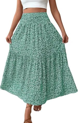 Oplxuo Women's Summer Boho Maxi Skirt Floral Print A-Line Flowy Tiered Smocked Elastic High Waist Beach Long Skirts