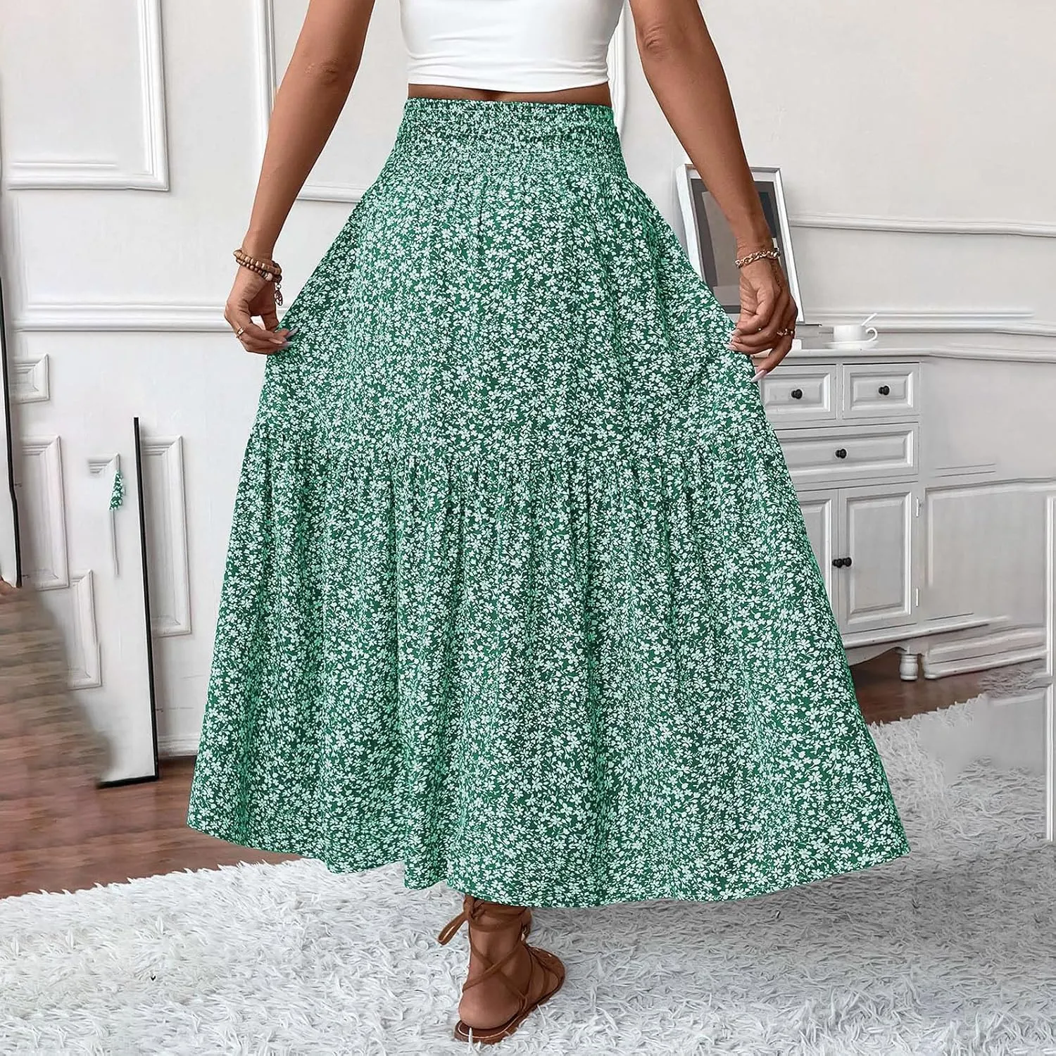 Oplxuo Women's Summer Boho Maxi Skirt Floral Print A-Line Flowy Tiered Smocked Elastic High Waist Beach Long Skirts
