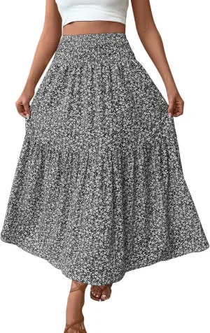 Oplxuo Women's Summer Boho Maxi Skirt Floral Print A-Line Flowy Tiered Smocked Elastic High Waist Beach Long Skirts