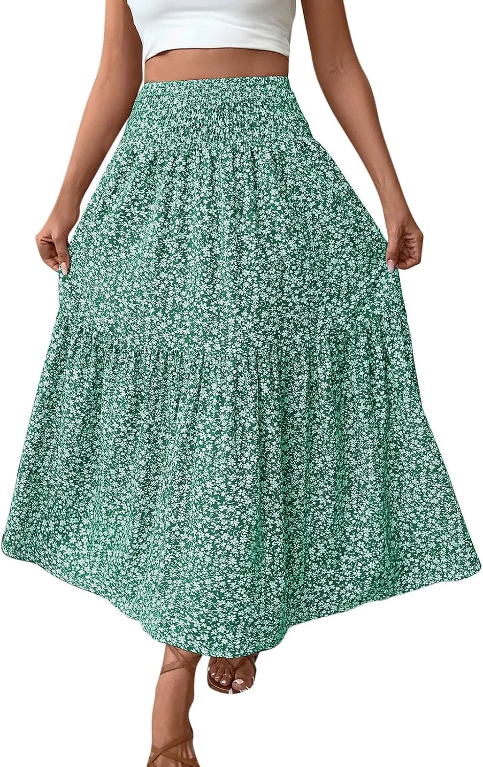 Oplxuo Women's Summer Boho Maxi Skirt Floral Print A-Line Flowy Tiered Smocked Elastic High Waist Beach Long Skirts