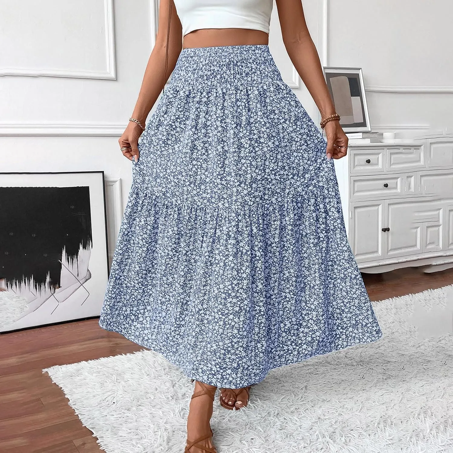 Oplxuo Women's Summer Boho Maxi Skirt Floral Print A-Line Flowy Tiered Smocked Elastic High Waist Beach Long Skirts
