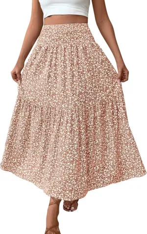 Oplxuo Women's Summer Boho Maxi Skirt Floral Print A-Line Flowy Tiered Smocked Elastic High Waist Beach Long Skirts