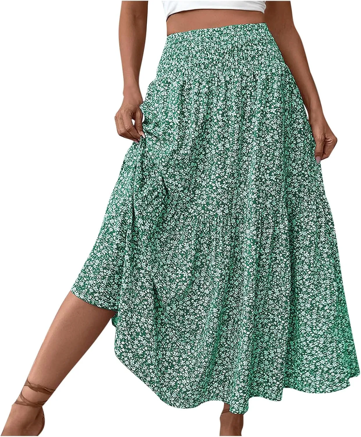 Oplxuo Women's Summer Boho Maxi Skirt Floral Print A-Line Flowy Tiered Smocked Elastic High Waist Beach Long Skirts