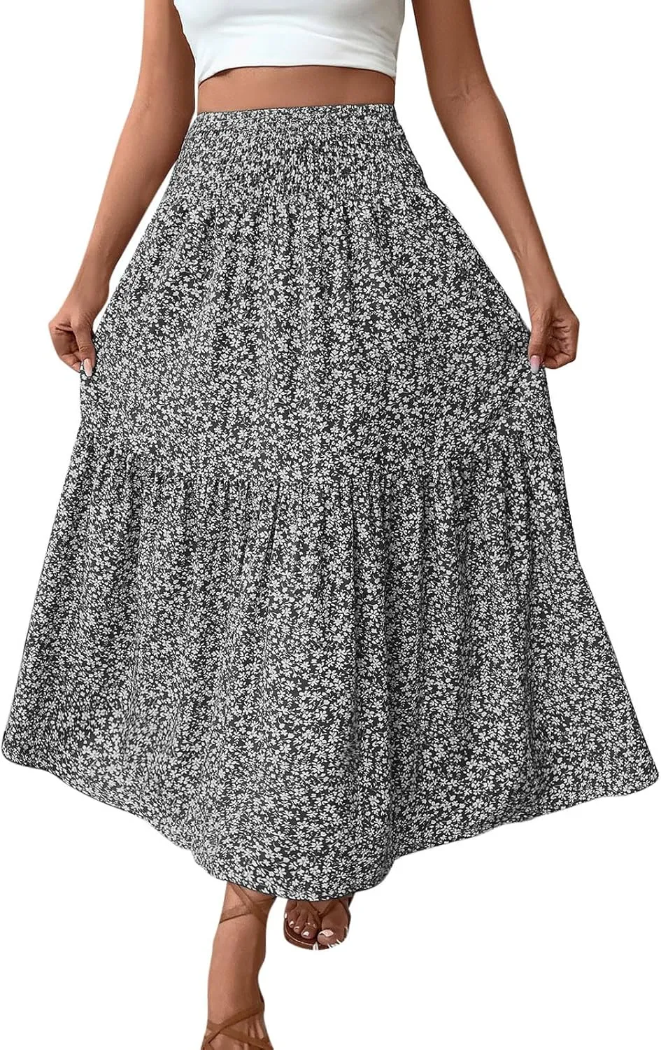 Oplxuo Women's Summer Boho Maxi Skirt Floral Print A-Line Flowy Tiered Smocked Elastic High Waist Beach Long Skirts