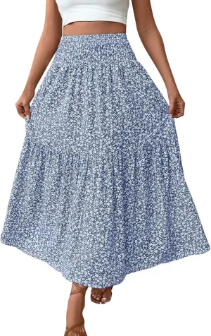 Oplxuo Women's Summer Boho Maxi Skirt Floral Print A-Line Flowy Tiered Smocked Elastic High Waist Beach Long Skirts