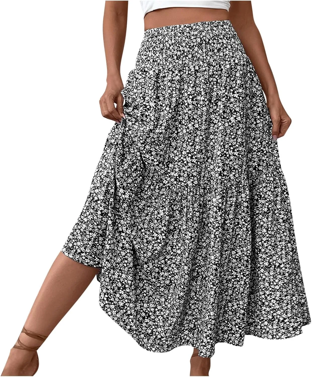 Oplxuo Women's Summer Boho Maxi Skirt Floral Print A-Line Flowy Tiered Smocked Elastic High Waist Beach Long Skirts