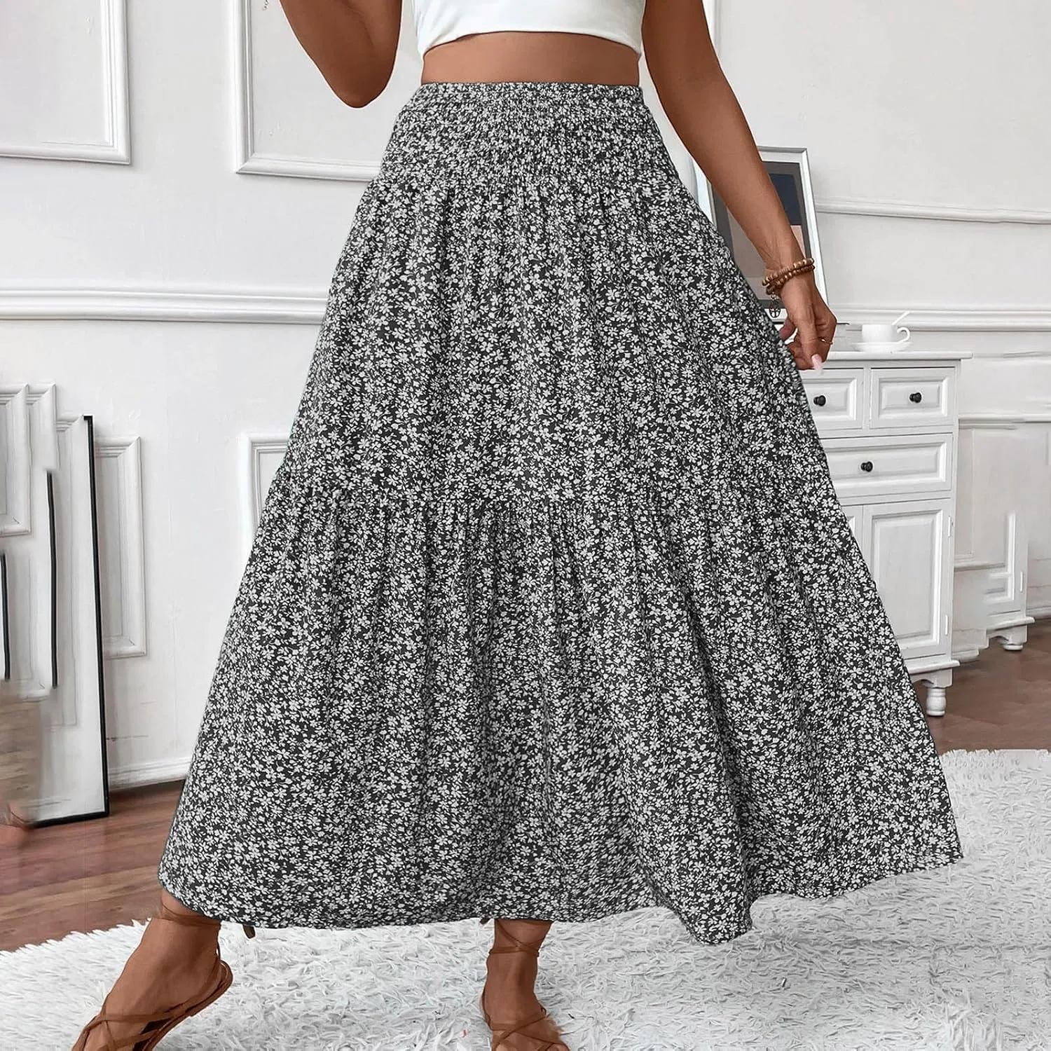 Oplxuo Women's Summer Boho Maxi Skirt Floral Print A-Line Flowy Tiered Smocked Elastic High Waist Beach Long Skirts