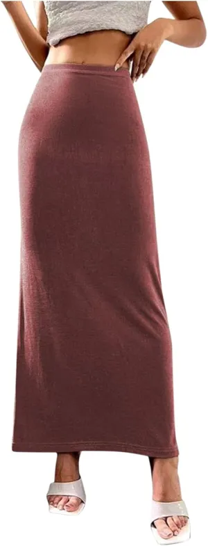 Oplxuo Women's Velvet Skirts Elegant Casual High Waist Solid Bodycon Long Maxi Skirt