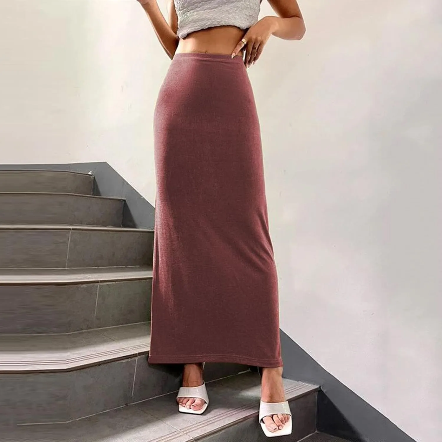 Oplxuo Women's Velvet Skirts Elegant Casual High Waist Solid Bodycon Long Maxi Skirt