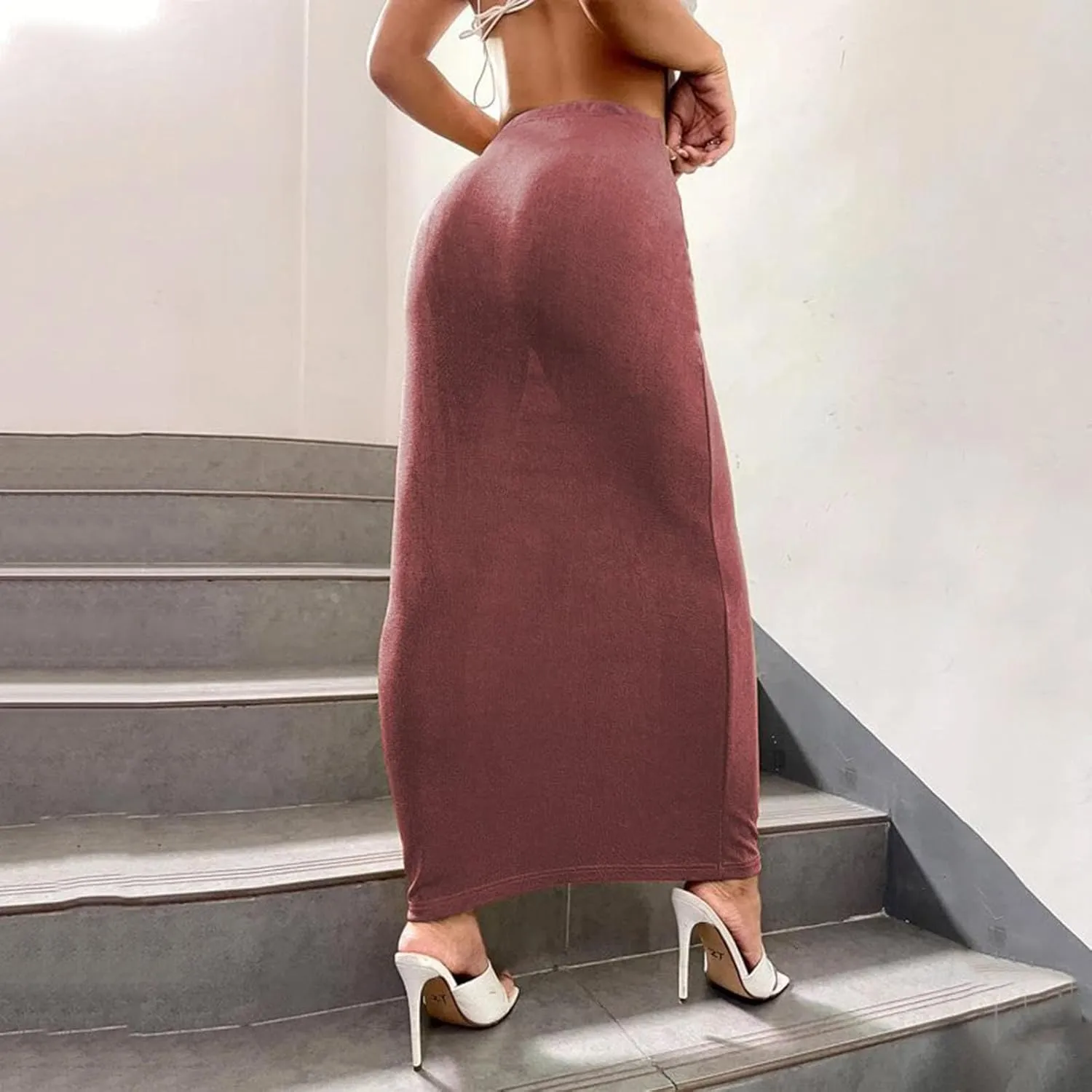 Oplxuo Women's Velvet Skirts Elegant Casual High Waist Solid Bodycon Long Maxi Skirt