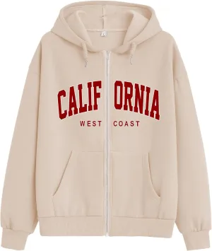 Oversized Graphic Zip Up Hoodies Vintage California Letter Print Zipper Jackets for Women Trendy Hooded Sweatshirt