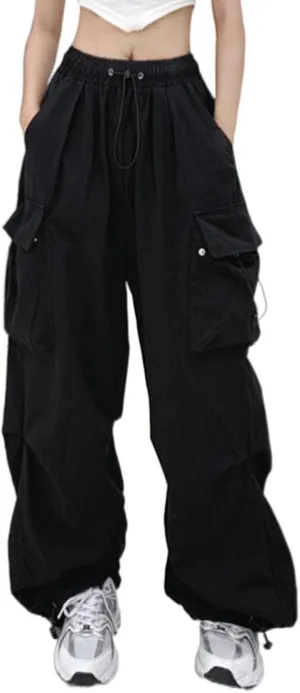 Parachute Pants for Women, Y2k Cargo Pants Women Baggy Drawstring High Rise Straight Leg Baggy Pants Jogger Sweatpants