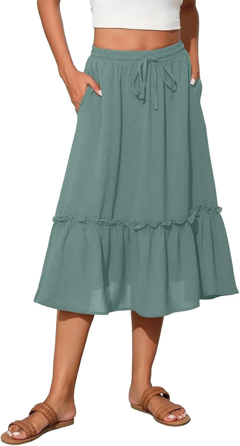 Pleated Midi Skirts for Women High Waisted Ruffle Tiered Swing Flowy Skirt Boho Beach A Line Skirt with Pockets