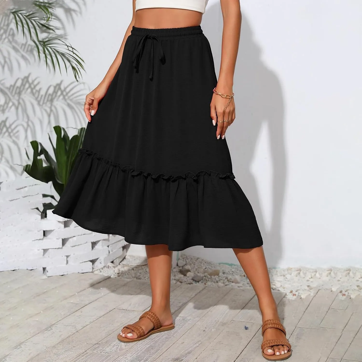 Pleated Midi Skirts for Women High Waisted Ruffle Tiered Swing Flowy Skirt Boho Beach A Line Skirt with Pockets