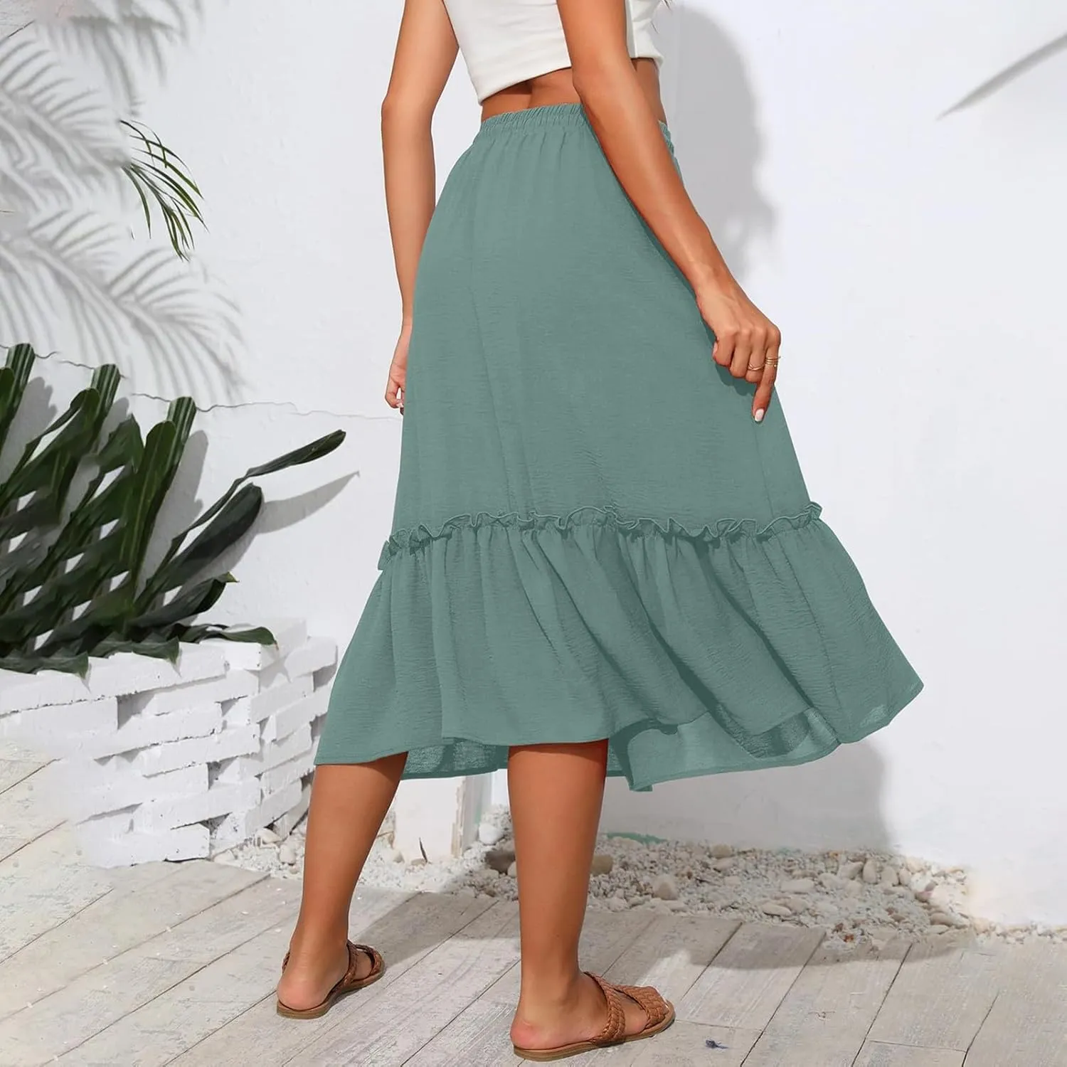 Pleated Midi Skirts for Women High Waisted Ruffle Tiered Swing Flowy Skirt Boho Beach A Line Skirt with Pockets