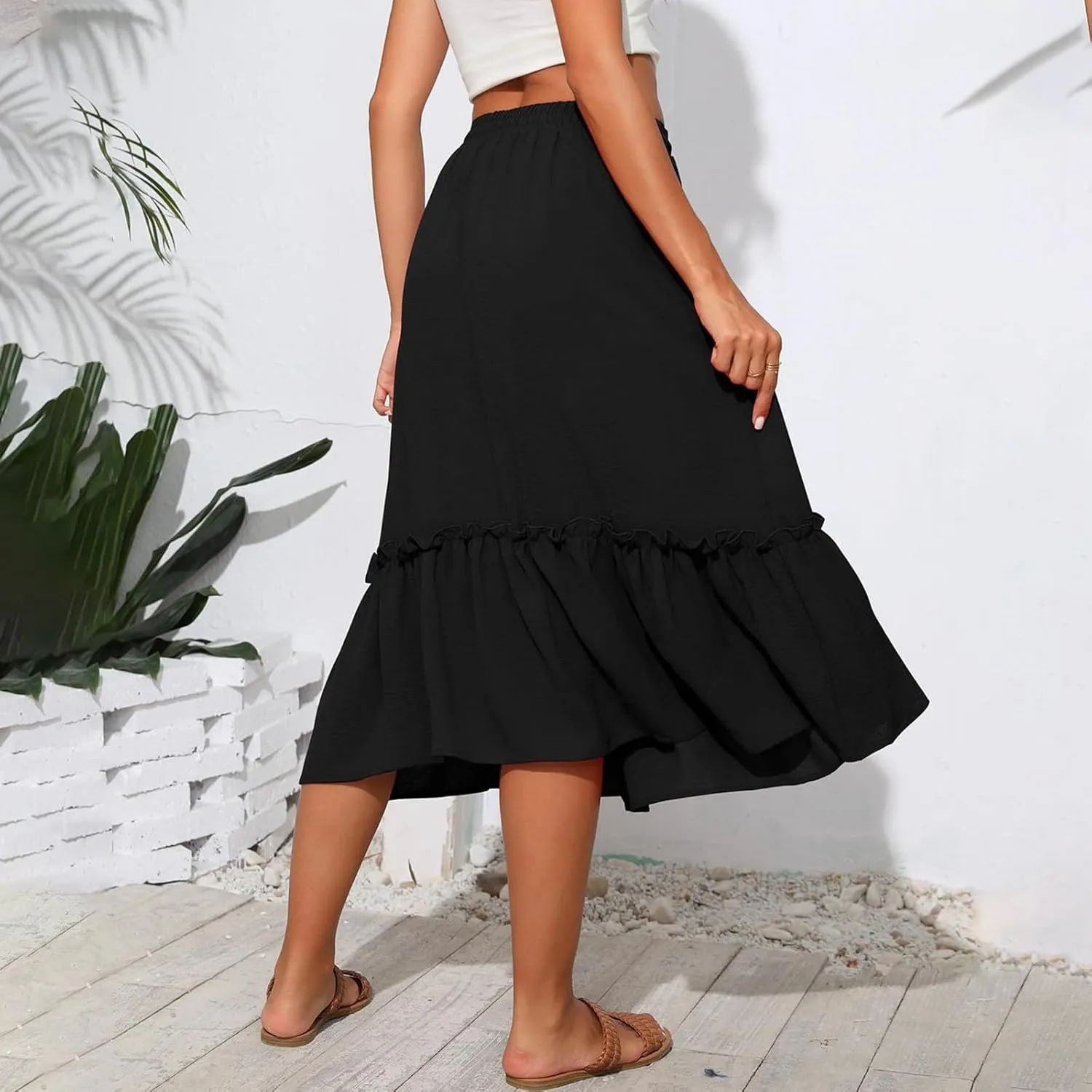 Pleated Midi Skirts for Women High Waisted Ruffle Tiered Swing Flowy Skirt Boho Beach A Line Skirt with Pockets