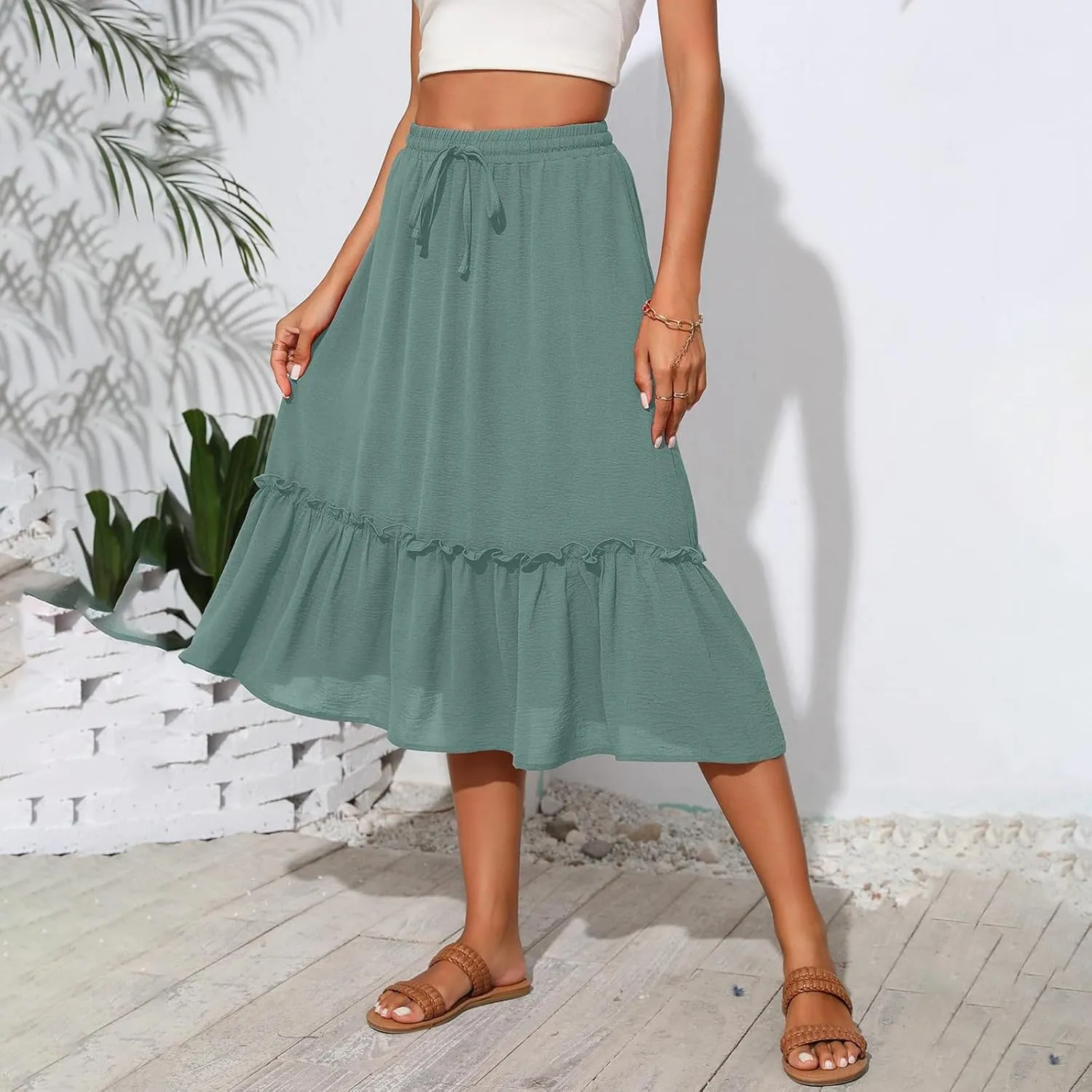 Pleated Midi Skirts for Women High Waisted Ruffle Tiered Swing Flowy Skirt Boho Beach A Line Skirt with Pockets