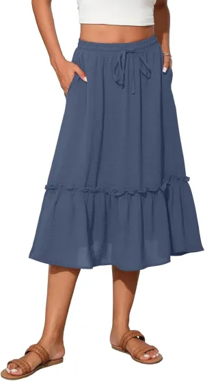 Pleated Midi Skirts for Women High Waisted Ruffle Tiered Swing Flowy Skirt Boho Beach A Line Skirt with Pockets
