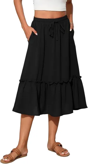 Pleated Midi Skirts for Women High Waisted Ruffle Tiered Swing Flowy Skirt Boho Beach A Line Skirt with Pockets